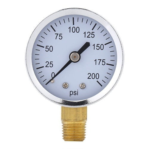 Analog pressure gauge with a black dial and red needle displaying 50 PSI, mounted on a metallic surface.